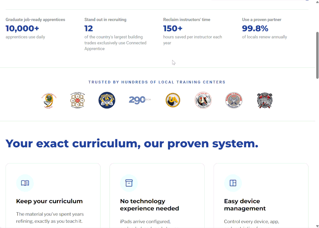 Connected Apprentice website scrolling through the homepage